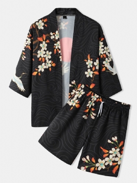 Kimono Blomsterkranetrykk For Menn Åpen Foran Todelt Antrekk