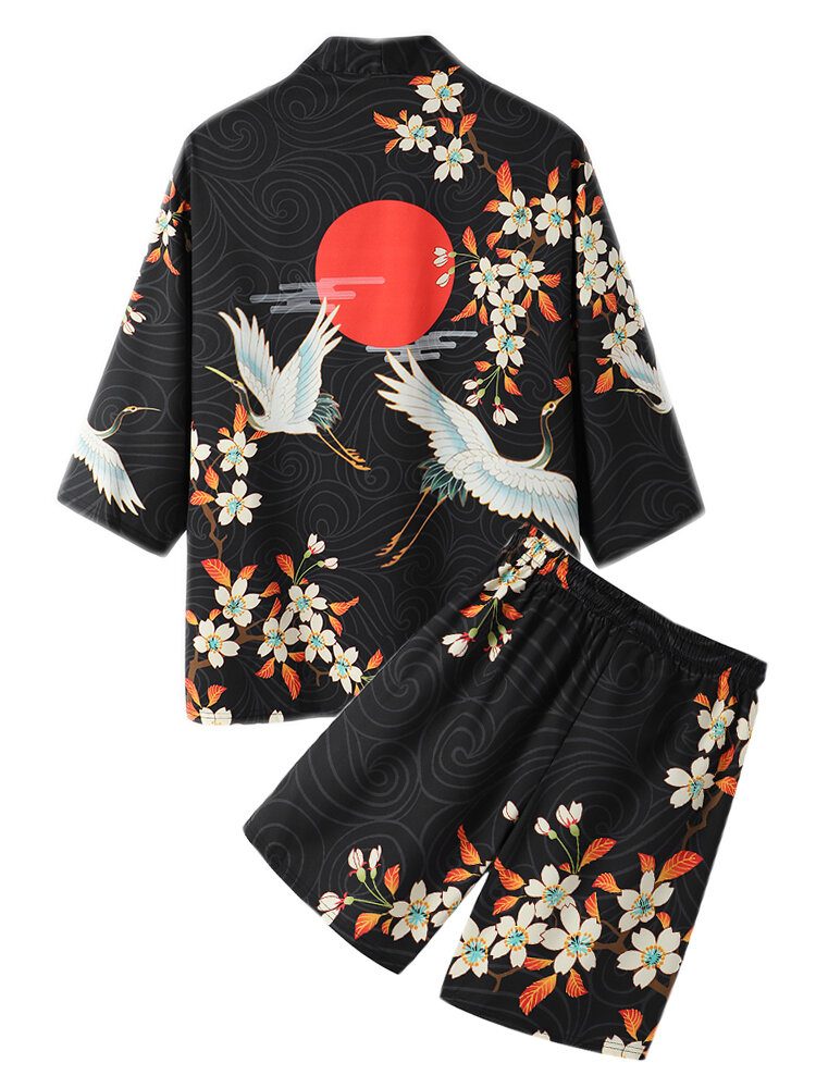 Kimono Blomsterkranetrykk For Menn Åpen Foran Todelt Antrekk