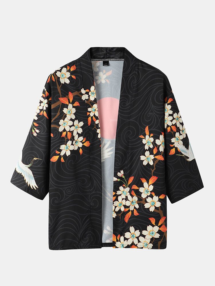 Kimono Blomsterkranetrykk For Menn Åpen Foran Todelt Antrekk