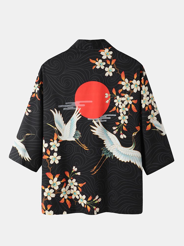 Kimono Blomsterkranetrykk For Menn Åpen Foran Todelt Antrekk