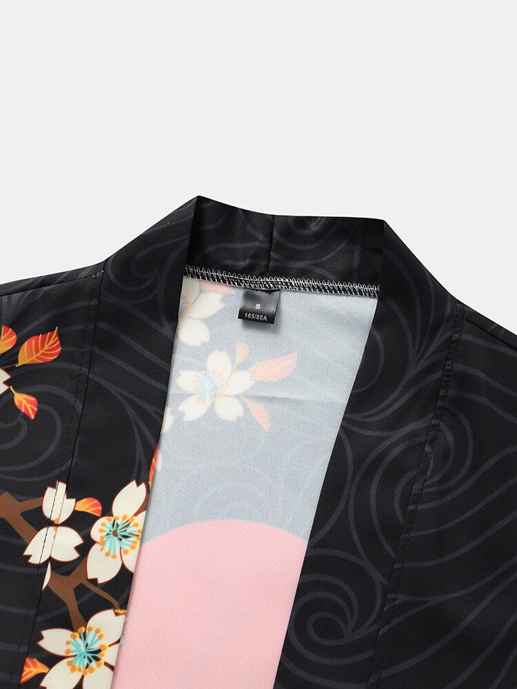 Kimono Blomsterkranetrykk For Menn Åpen Foran Todelt Antrekk