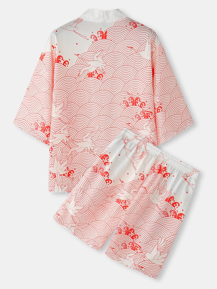 Kimono Crane Propitious Clouds Pattern Snøring To-delt Antrekk