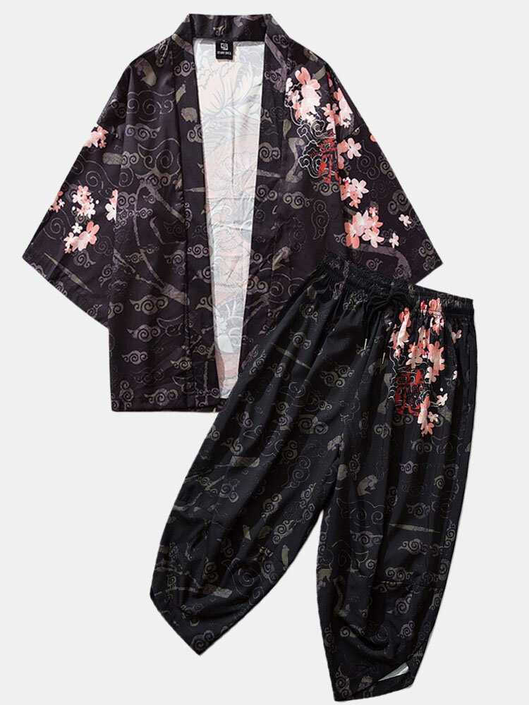 Kimono Etnisk Stil For Menn Lang Gragontrykk Elastisk Midje Todelt Antrekk