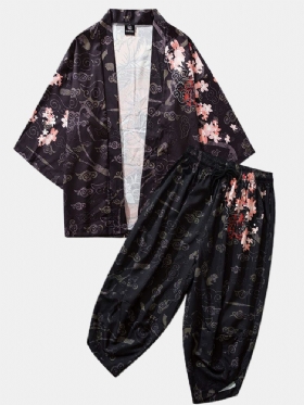 Kimono Etnisk Stil For Menn Lang Gragontrykk Elastisk Midje Todelt Antrekk