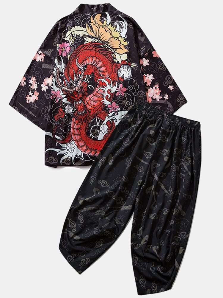 Kimono Etnisk Stil For Menn Lang Gragontrykk Elastisk Midje Todelt Antrekk