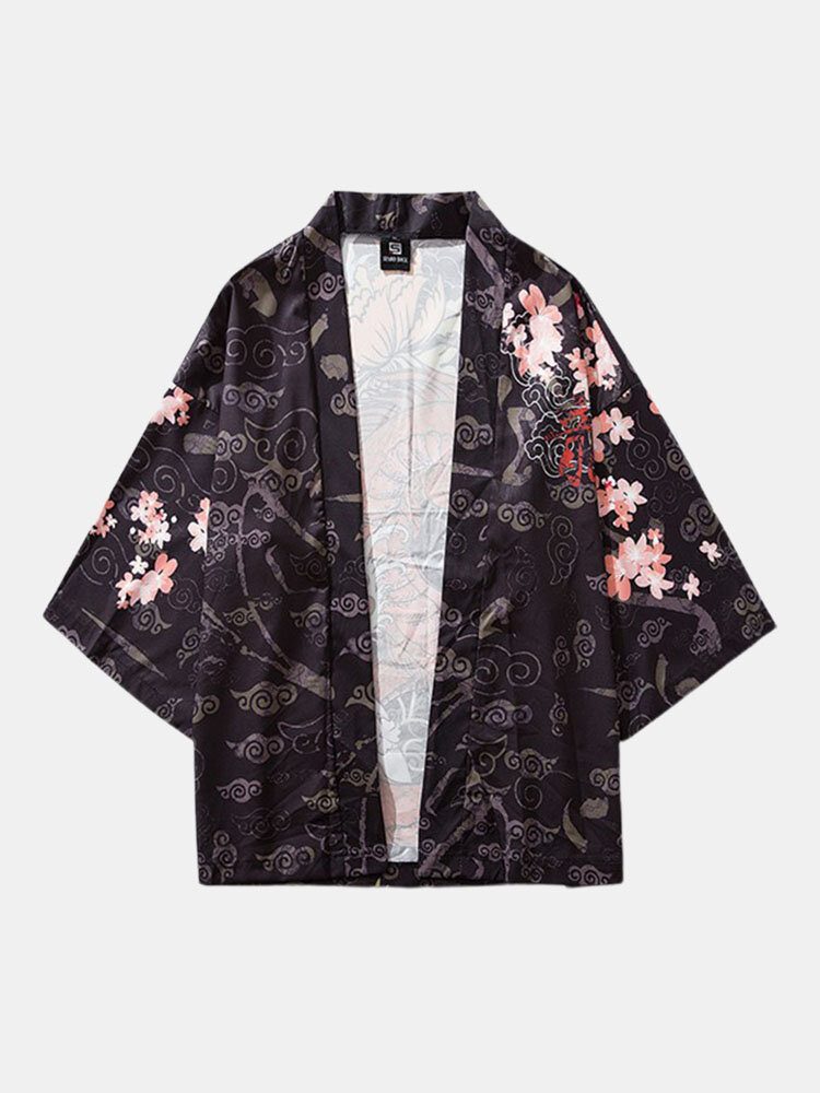 Kimono Etnisk Stil For Menn Lang Gragontrykk Elastisk Midje Todelt Antrekk