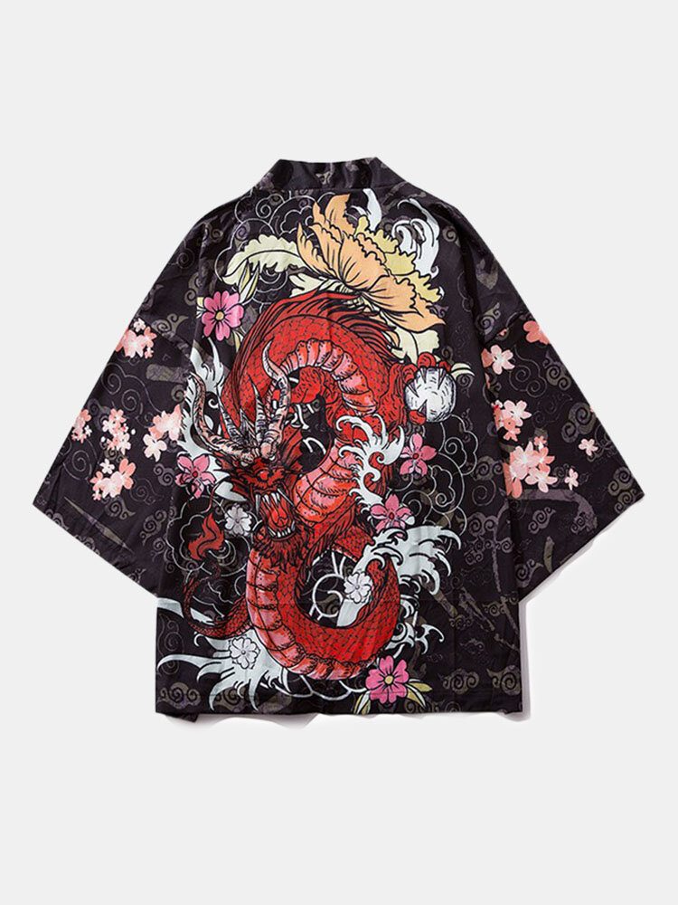 Kimono Etnisk Stil For Menn Lang Gragontrykk Elastisk Midje Todelt Antrekk