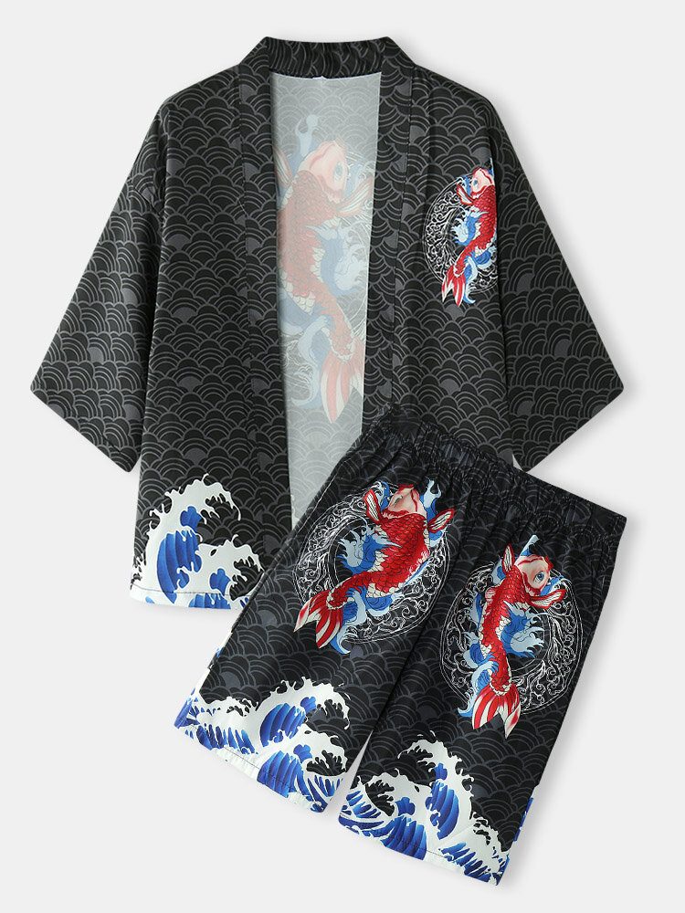 Kimono Japansk Koi Bølgetrykk For Menn Åpent Foran Todelt Antrekk