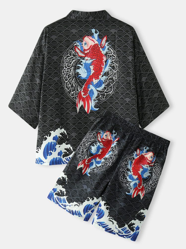 Kimono Japansk Koi Bølgetrykk For Menn Åpent Foran Todelt Antrekk