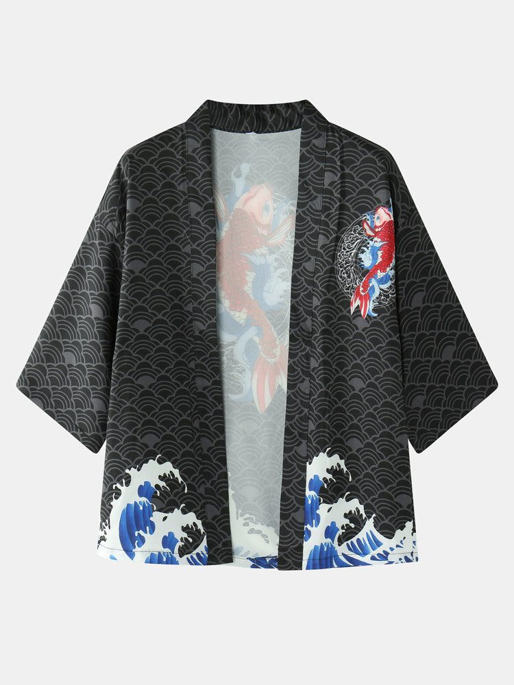 Kimono Japansk Koi Bølgetrykk For Menn Åpent Foran Todelt Antrekk