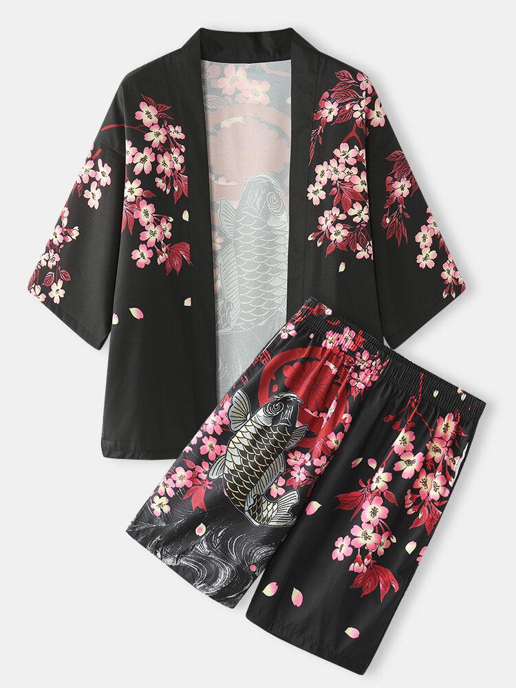 Kimono Karpe Blomstertrykk Japansk Fisk Elastisk Midje Todelt Antrekk