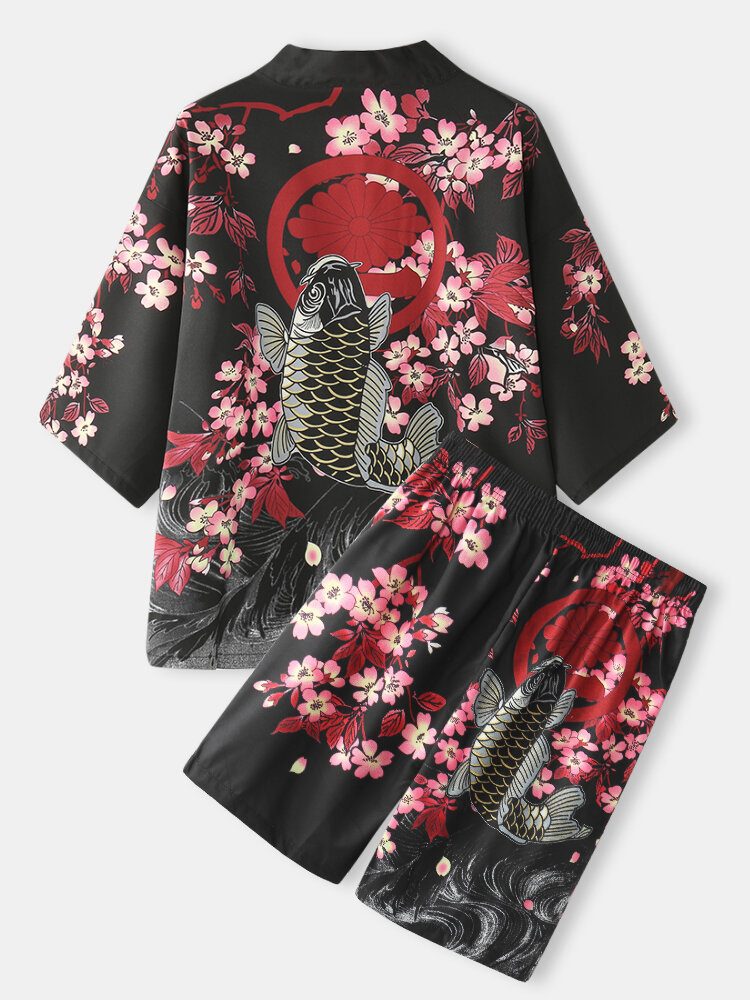 Kimono Karpe Blomstertrykk Japansk Fisk Elastisk Midje Todelt Antrekk