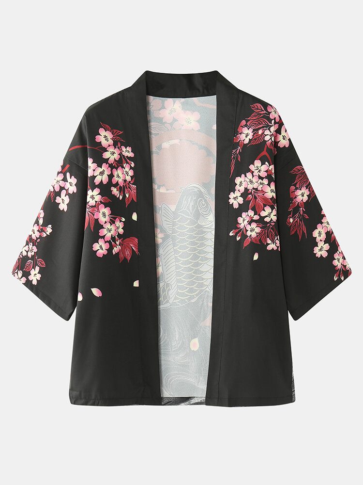 Kimono Karpe Blomstertrykk Japansk Fisk Elastisk Midje Todelt Antrekk