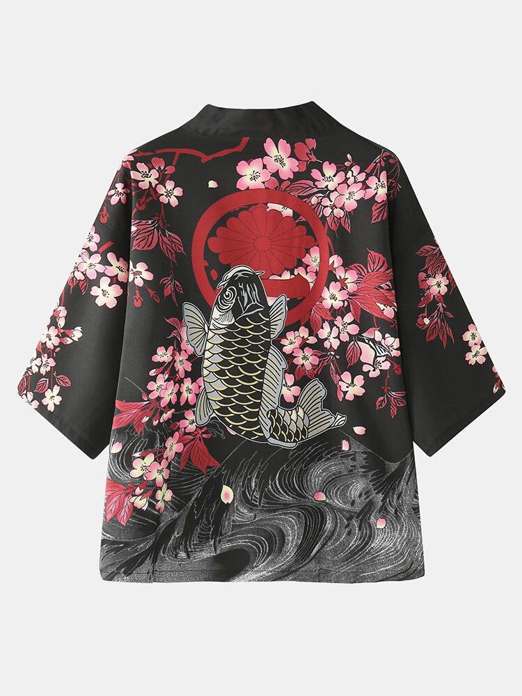 Kimono Karpe Blomstertrykk Japansk Fisk Elastisk Midje Todelt Antrekk