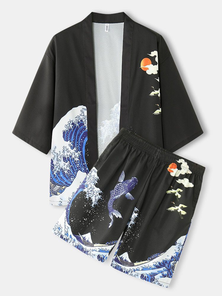 Kimono Waves Hettemønster For Menn Japansk Elastisk Midje Todelt Antrekk