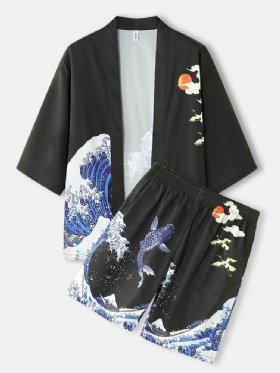 Kimono Waves Hettemønster For Menn Japansk Elastisk Midje Todelt Antrekk