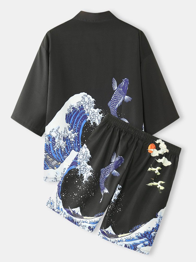 Kimono Waves Hettemønster For Menn Japansk Elastisk Midje Todelt Antrekk