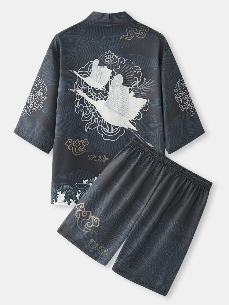 Kranryggmønster For Menn I Japansk Stil Åpen Foran Kimono-antrekk I To Deler