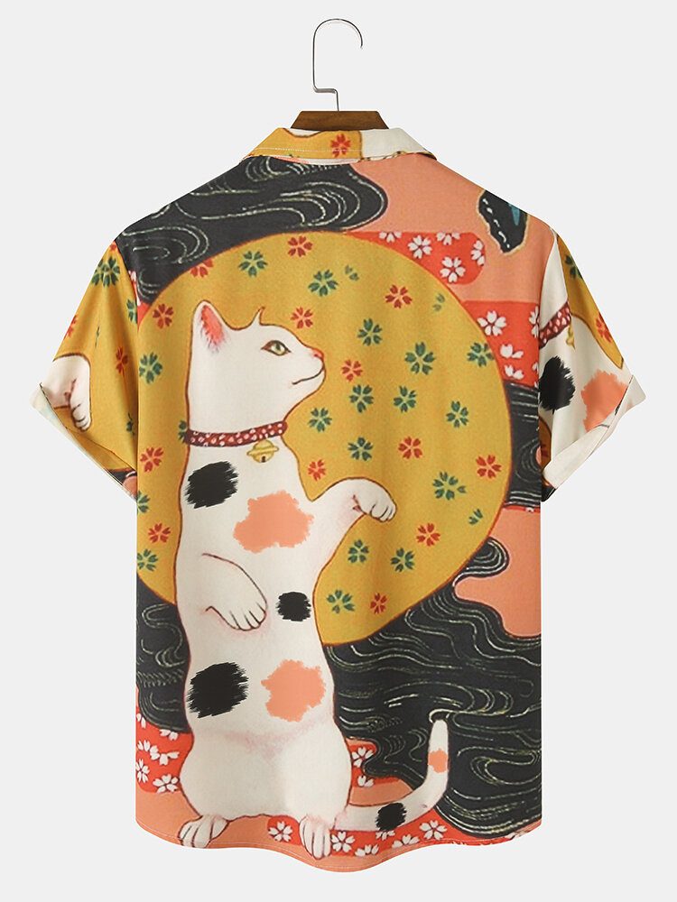 Menn Cartoon Cat Pattern Kortermet Lapel Collar Casual Skjorter