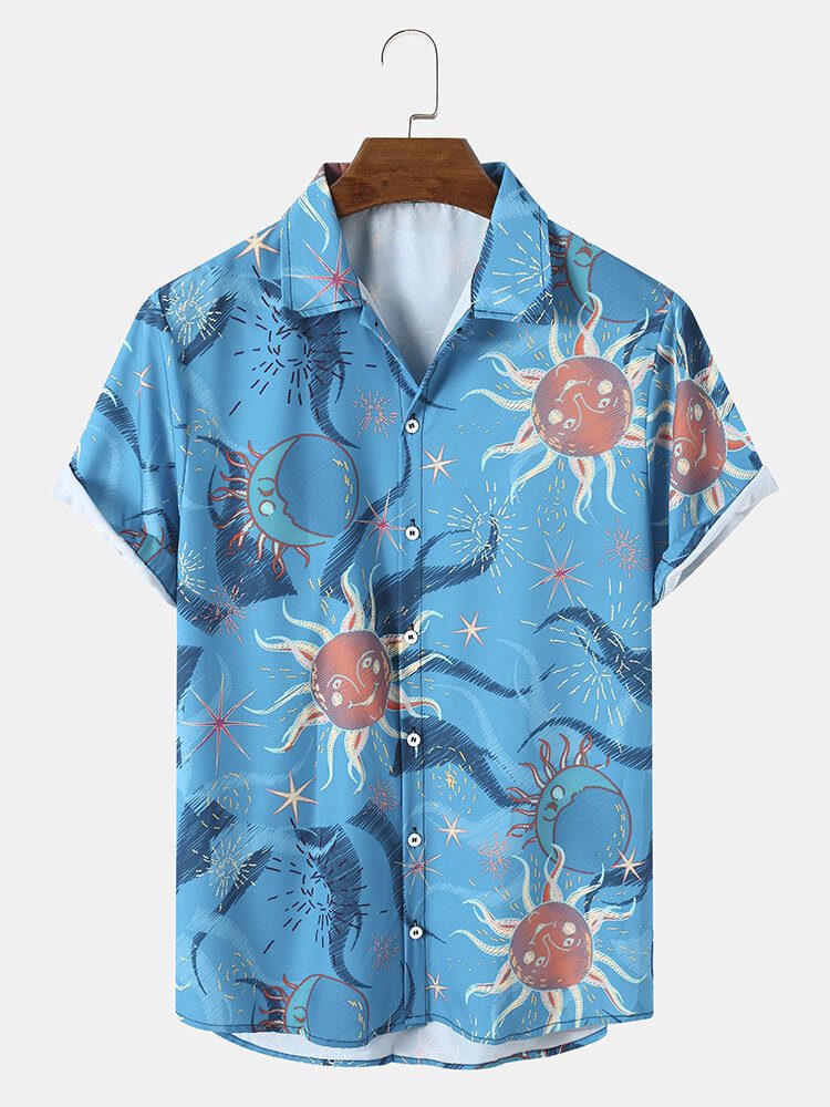 Menn Cartoon Sun Søt Print Lapel Holiday Summer Pustende Skjorter