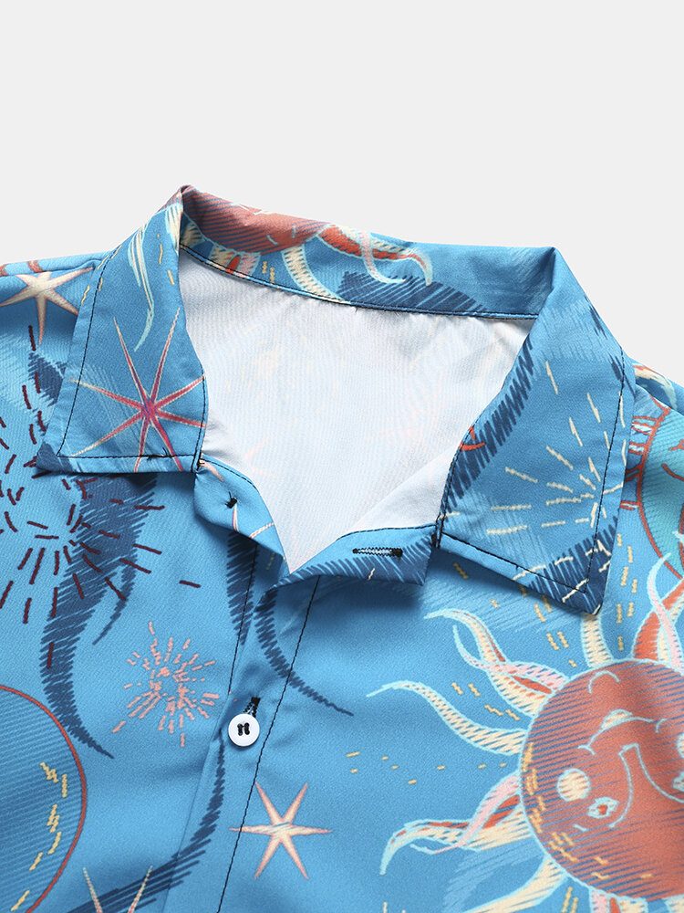 Menn Cartoon Sun Søt Print Lapel Holiday Summer Pustende Skjorter