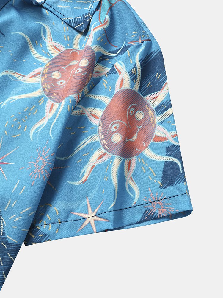 Menn Cartoon Sun Søt Print Lapel Holiday Summer Pustende Skjorter