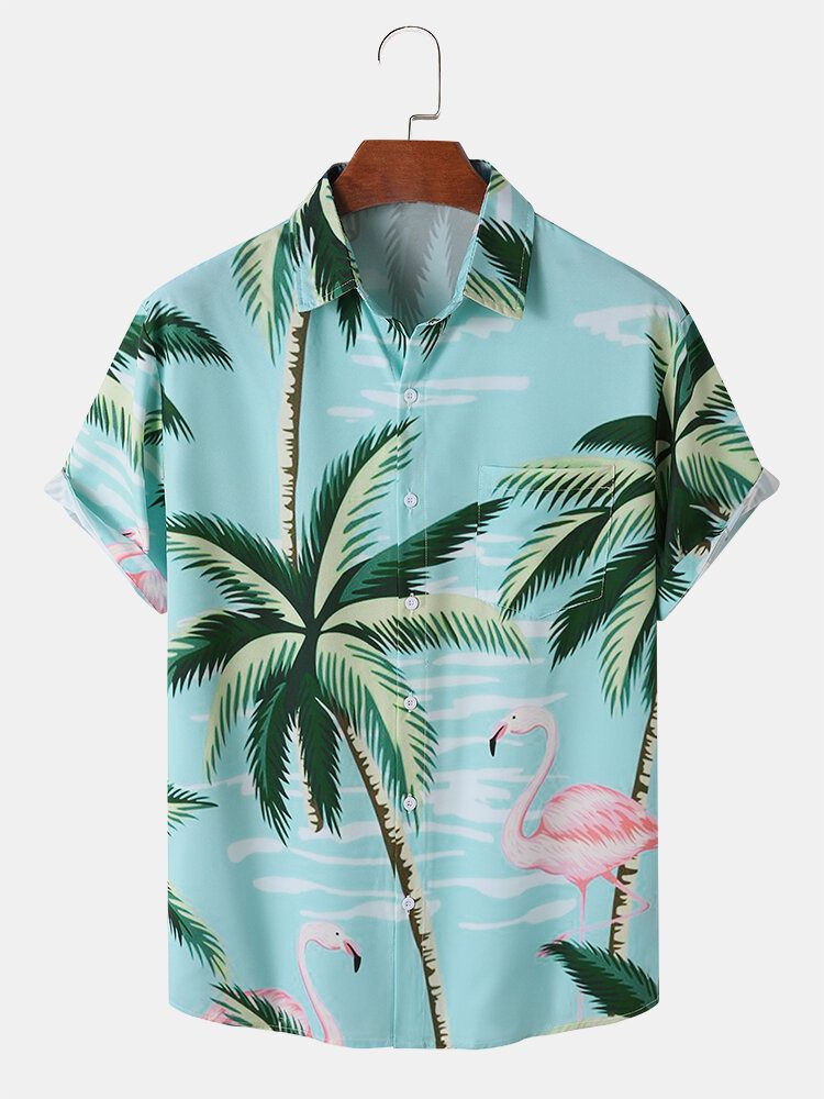 Menn Coconut Tree Crane Print Kortermede Fritidsskjorter Med Knapp Foran