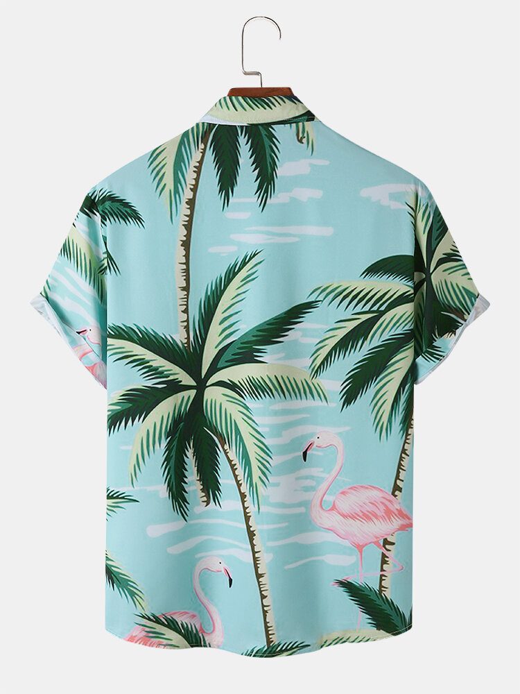 Menn Coconut Tree Crane Print Kortermede Fritidsskjorter Med Knapp Foran