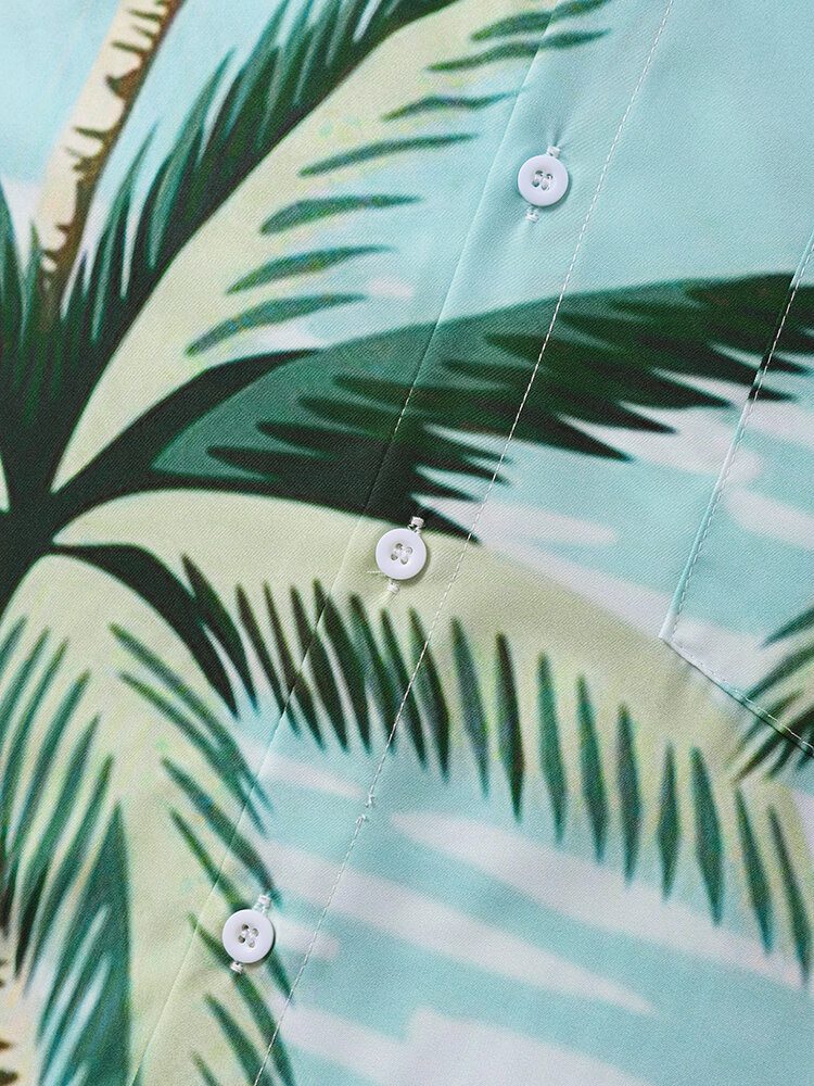 Menn Coconut Tree Crane Print Kortermede Fritidsskjorter Med Knapp Foran