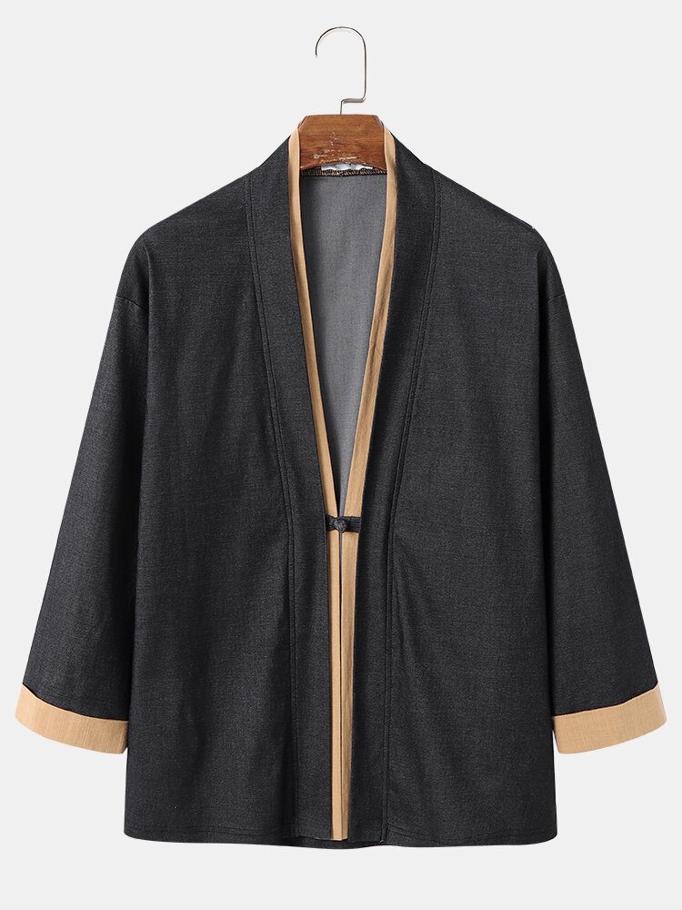 Menn Faux To Deles Patchwork Kimono Front Åpen Langermet Casual Skjorter