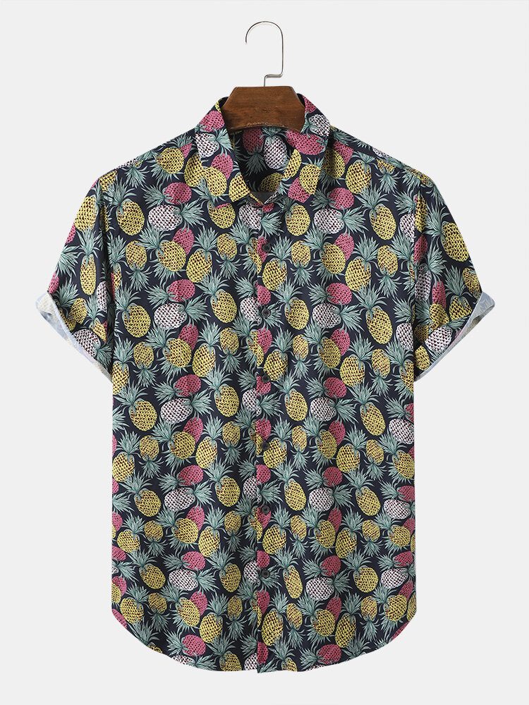 Menn Funny Allover Pineapple Print Street Button Buet Hem Holiday Shirts