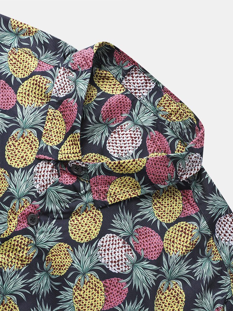 Menn Funny Allover Pineapple Print Street Button Buet Hem Holiday Shirts