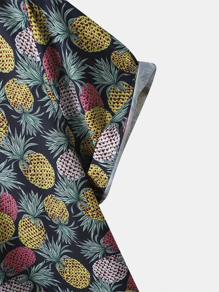 Menn Funny Allover Pineapple Print Street Button Buet Hem Holiday Shirts