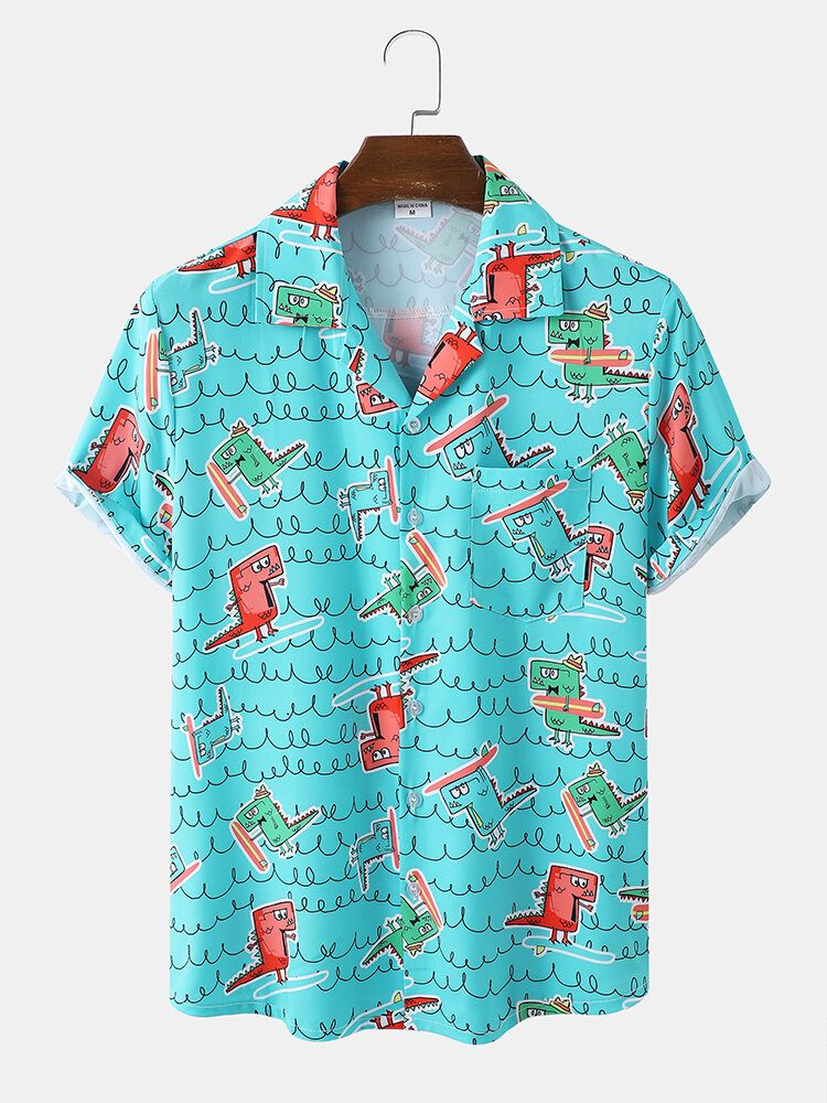 Menn Funny Dinosaur Print Beachwear Ice Silk Comfy Revere Collar Hawaii Style Skjorter