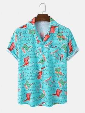 Menn Funny Dinosaur Print Beachwear Ice Silk Comfy Revere Collar Hawaii Style Skjorter