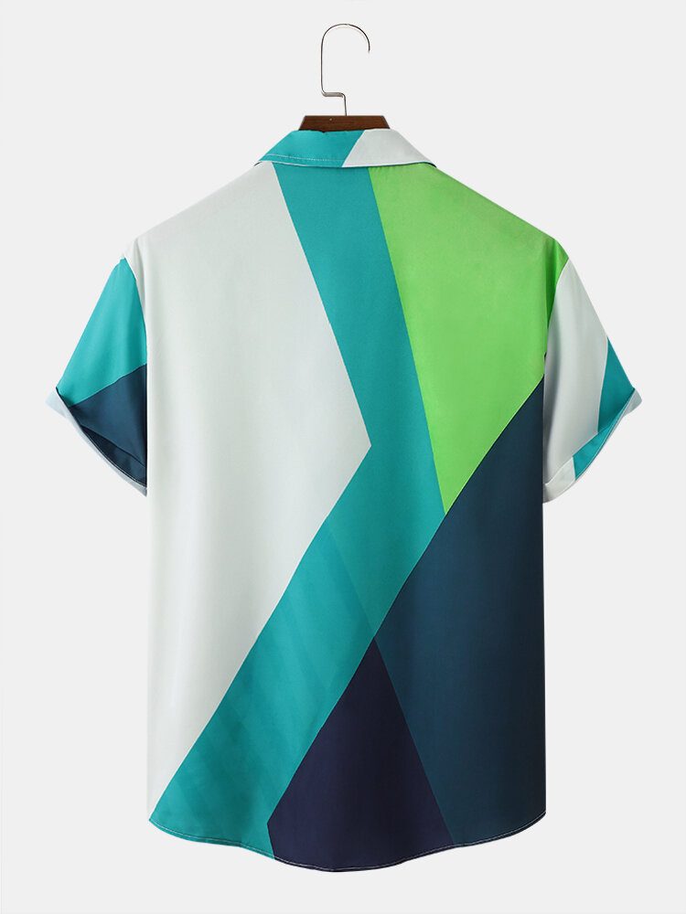 Menn Geometrisk Colorblock Frontknapper Myke Pustende Fritidsskjorter