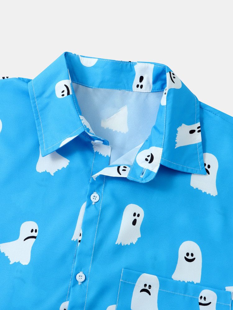 Menn Halloween All Over Ghost Print Button Uformelle Kortermede Skjorter