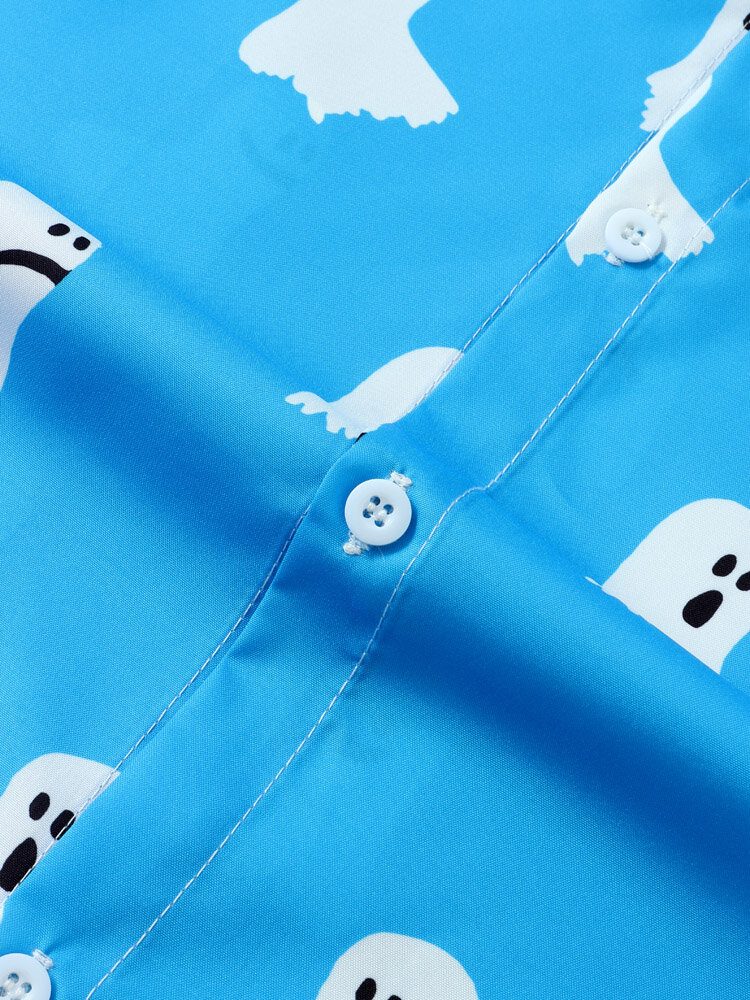 Menn Halloween All Over Ghost Print Button Uformelle Kortermede Skjorter