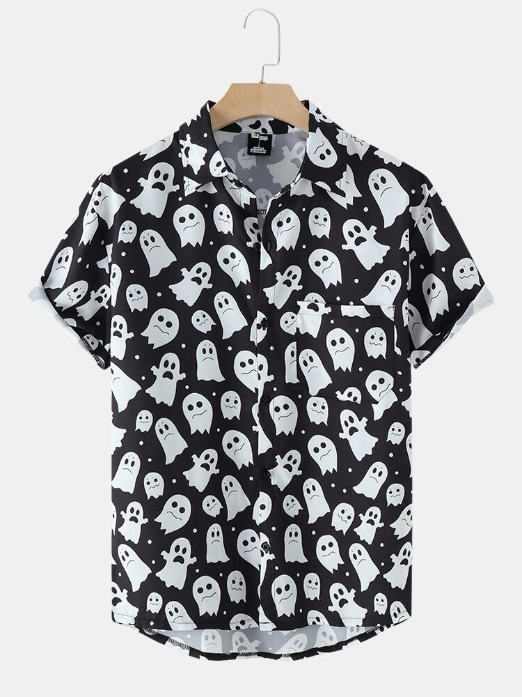 Menn Halloween Allover Ghost Print Button Up Lomme Fritidsskjorter