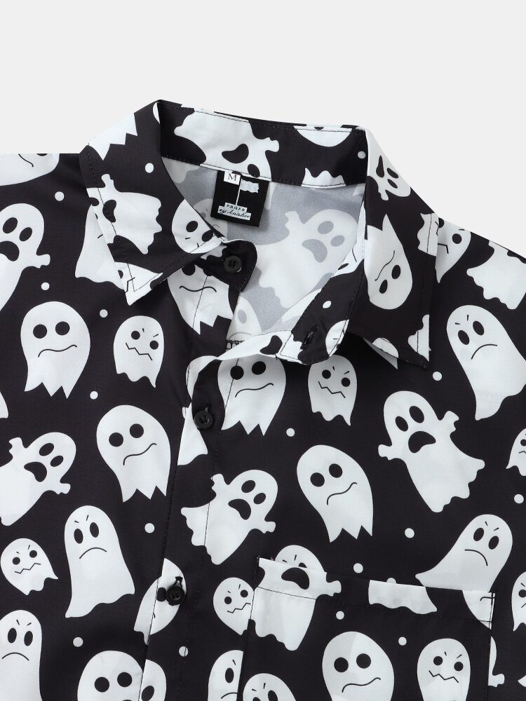 Menn Halloween Allover Ghost Print Button Up Lomme Fritidsskjorter