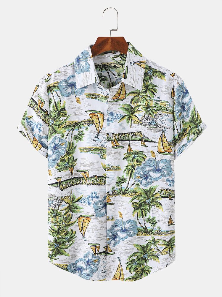 Menn Landskap Båt Tree Mønster Kortermet Hawaii Style Elegante Skjorter