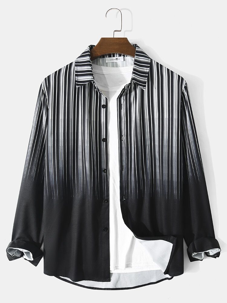 Menn Ombre Pinstriped Patchwork Lapel Collar Long-sleeve Casual Skjorter