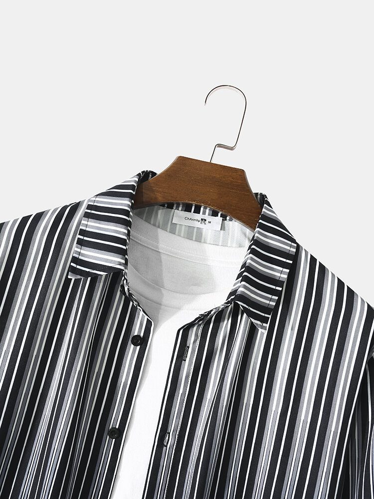 Menn Ombre Pinstriped Patchwork Lapel Collar Long-sleeve Casual Skjorter