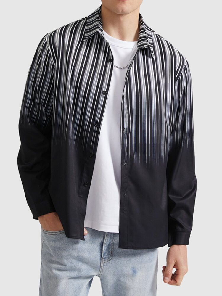 Menn Ombre Pinstriped Patchwork Lapel Collar Long-sleeve Casual Skjorter