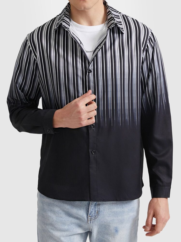 Menn Ombre Pinstriped Patchwork Lapel Collar Long-sleeve Casual Skjorter