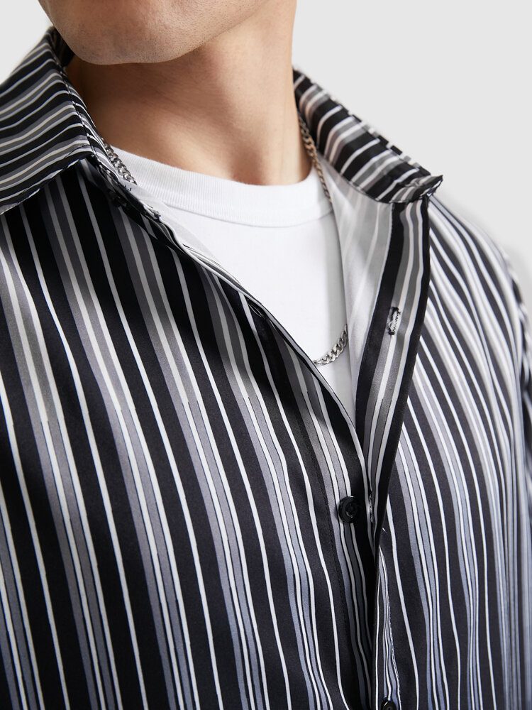 Menn Ombre Pinstriped Patchwork Lapel Collar Long-sleeve Casual Skjorter