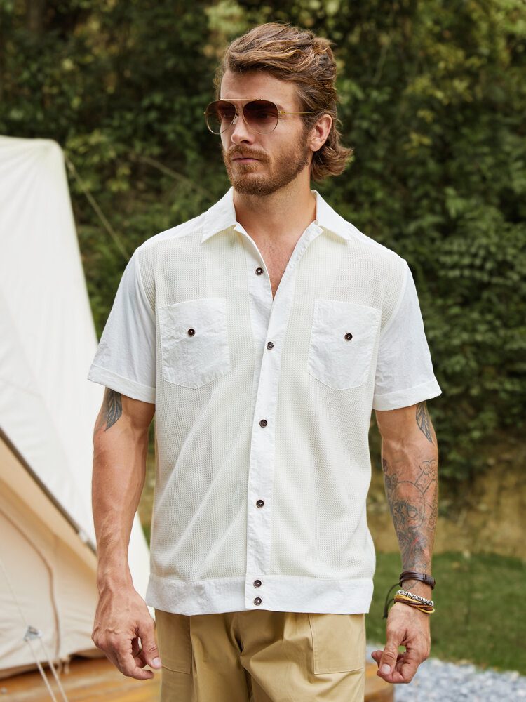 Menn Solid Frontknapper Brystlomme Camping Style Alle Matchede Skjorter