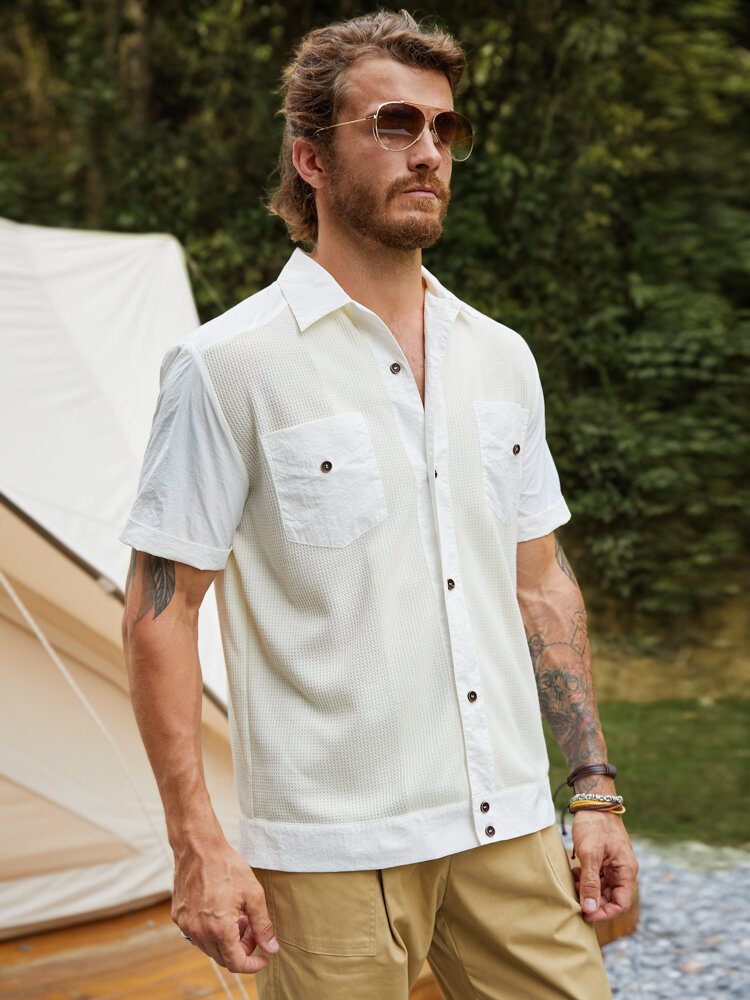 Menn Solid Frontknapper Brystlomme Camping Style Alle Matchede Skjorter