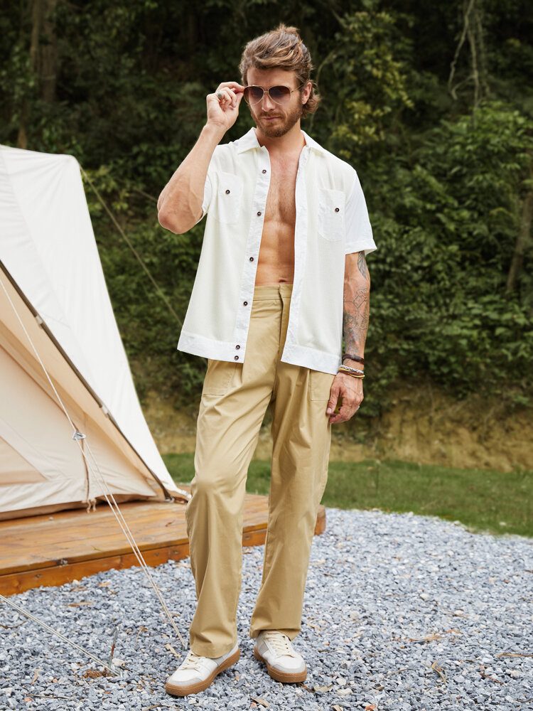 Menn Solid Frontknapper Brystlomme Camping Style Alle Matchede Skjorter