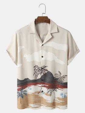 Menn Tropical Landscape Print Revere Collar Uformelle Kortermede Skjorter